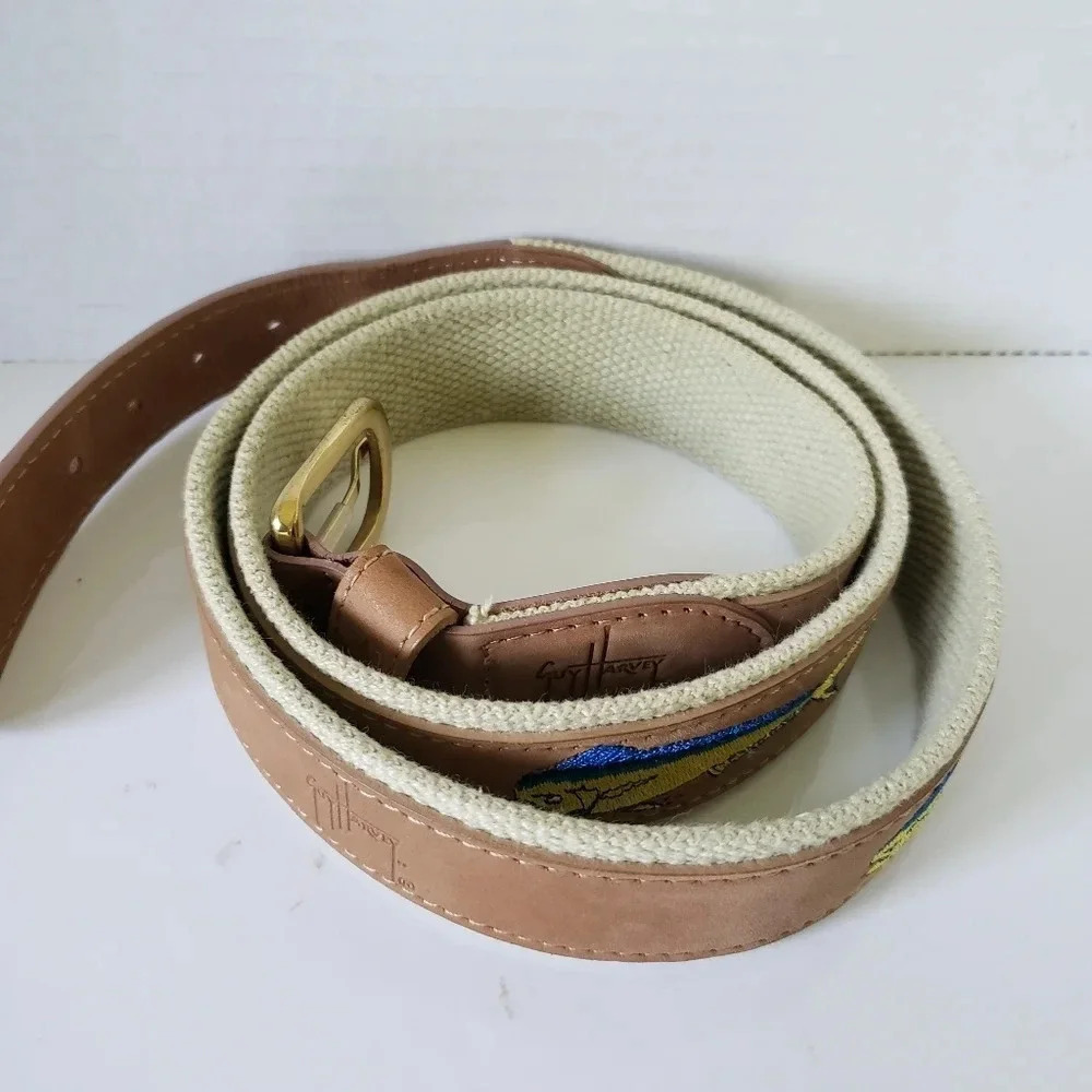 Guy Harvey Mens Fish Golf Belt Canvas/Brown Leather size 42.